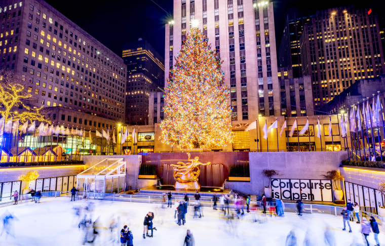 A view of the Rockefeller Plaza ice skating rink with the annual Christmas tree 