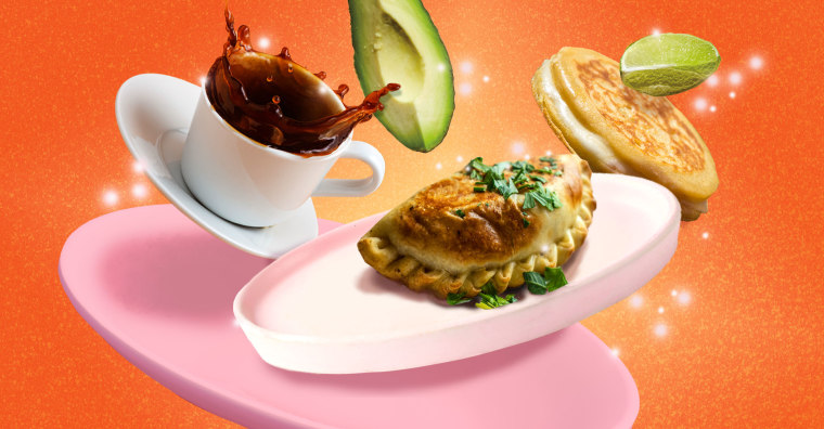 Coffee cup, arepa, and empanada floating on orange sparkly background 