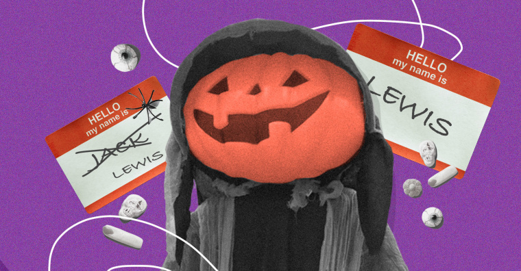 A large pumkin headed figure on top of purple background with name tags reading "Lewis" and halloween candy