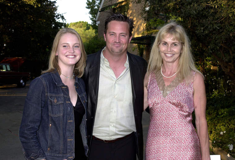 Matthew Perry with mom Suzanne & sister Emily during LA Kings & the Canadian Community Pay Tribute to Garnet "Ace" Bailey at The Canadian Residence in Los Angeles, California, United States.