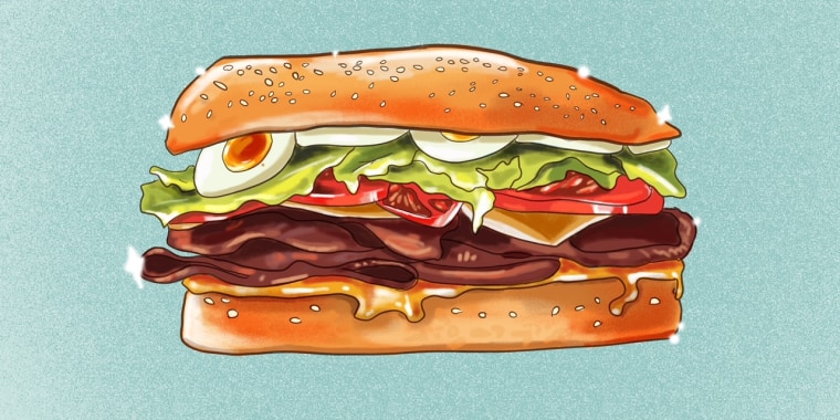 Illustration of sub sandwich with roast beef, lettuce, tomato, and eggs 