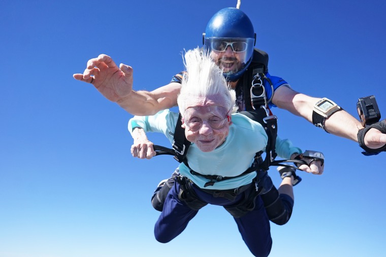 Dorothy Hoffner skydives with Derek Baxter, a certified U.S. Parachute Association tandem instructor. 