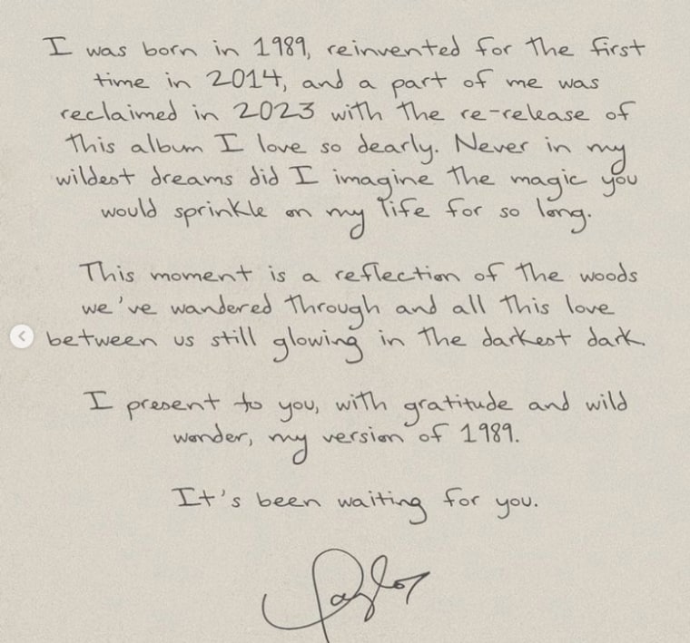 Taylor Swifts note as "1989 (Taylor's Version)" is released.