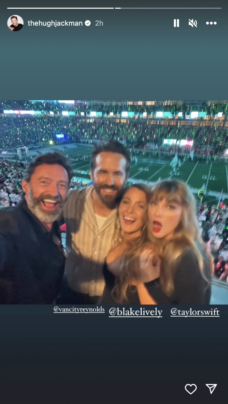 Hugh Jackman, Ryan Reynolds, Blake Lively and Taylor Swift take a selfie at the Chiefs-Jets game on Oct. 1. 