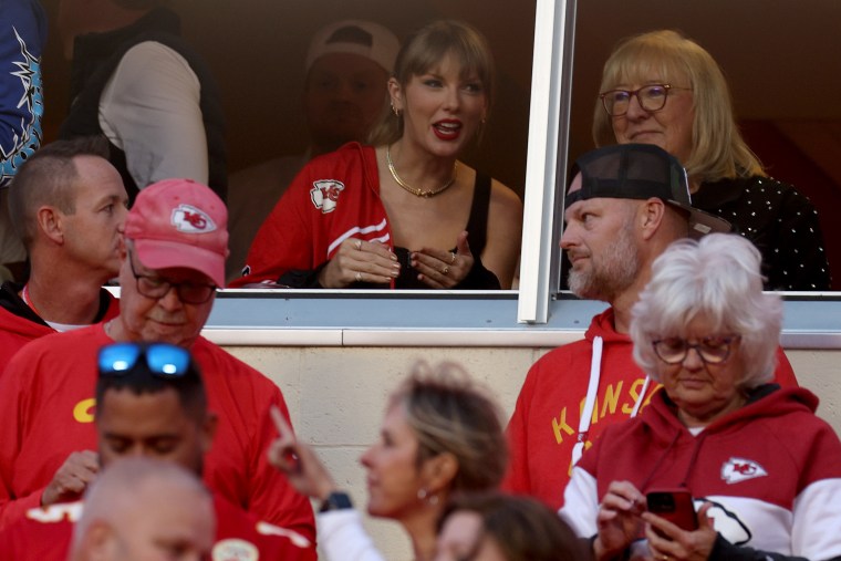 Taylor Swift and Donna Kelce look on before the game between the Kansas City Chiefs and the Denver Broncos at GEHA Field at Arrowhead Stadium on Oct. 12, 2023 in Kansas City, Missouri. 