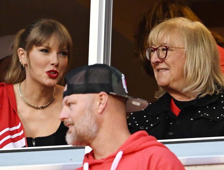 Taylor Swift and Donna Kelce at the Kansas City Chiefs and Denver Broncos game on Oct. 12.