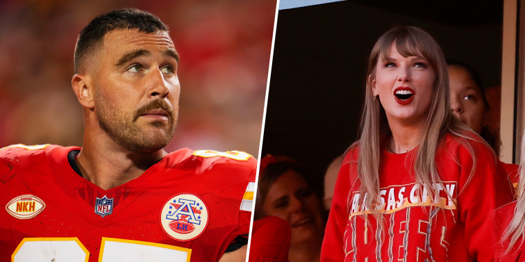 Left: Travis Kelce in a Chiefs jersey and full pads looks up at the stands. Right: Taylor Swift in a Chiefs sweater cheers from a skybox at a stadium