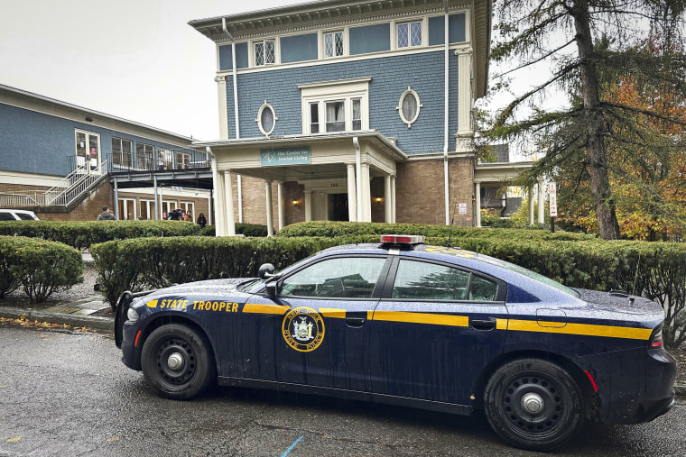 A New York State Police Department cruiser is parked in front of Cornell University's Center for Jewish Living on Oct 30, 2023.