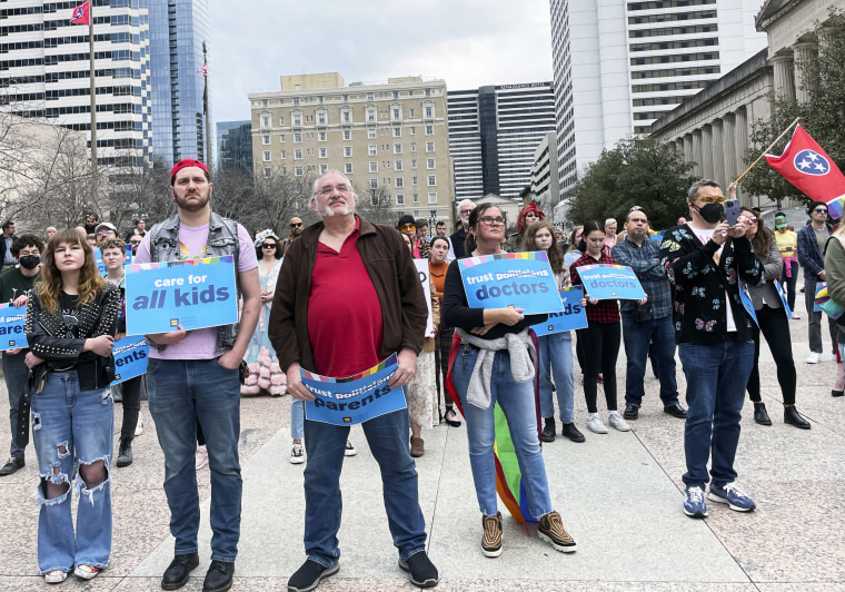 Advocates gather for a rally at the state Capitol in Nashville, Tenn., to oppose a series of bills that target the LGBTQ community on Feb. 14. 