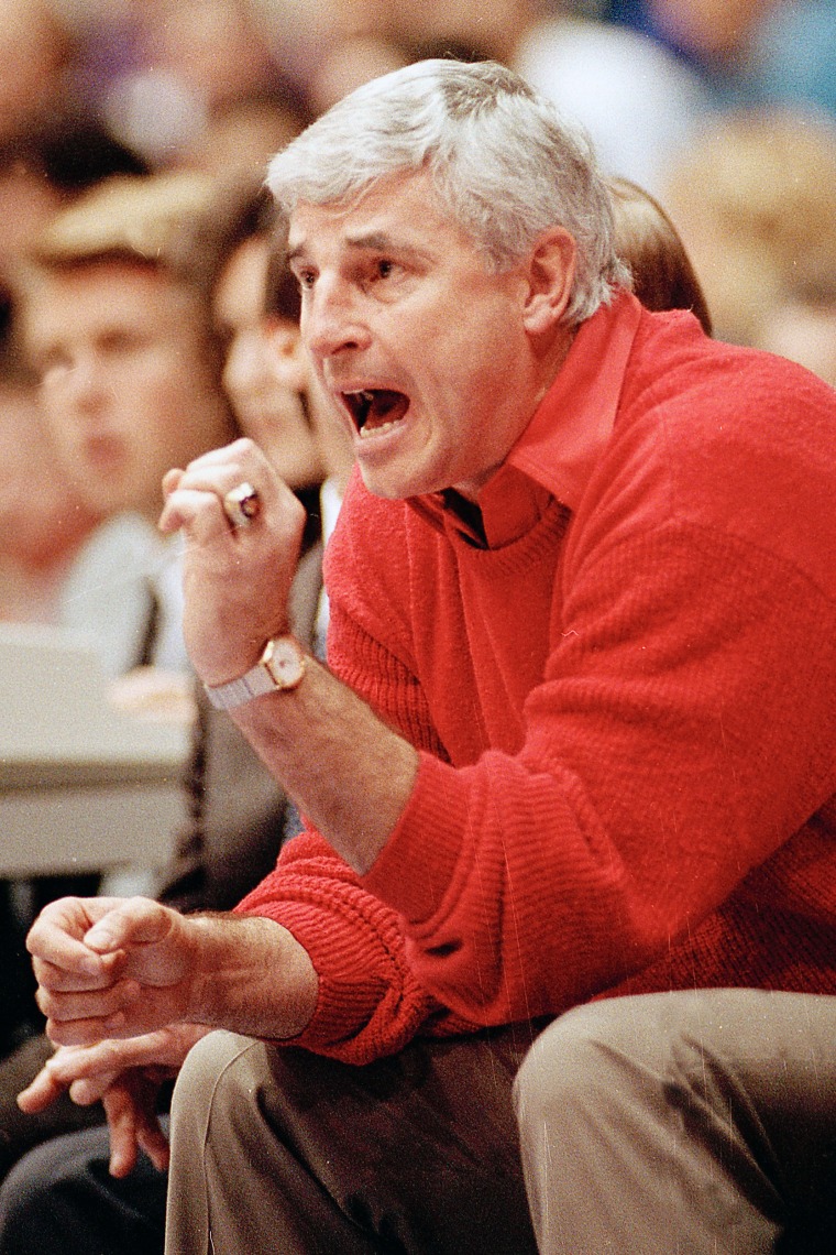 Indiana University basketball coach Bobby Knight shouts instructions to his team