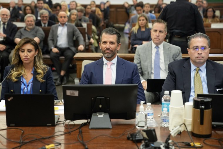 Flanked by attorneys Alina Habba, left, and Chris Kiss, Donald Trump Jr. waits to testify in New York Supreme Court on Nov. 1, 2023.