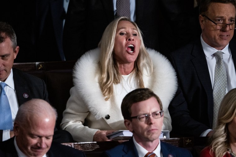Rep. Marjorie Taylor Greene, R-Ga., yells during President Joe Bides State of the Union address at the U.S. Capitol on  Feb. 7, 2023.