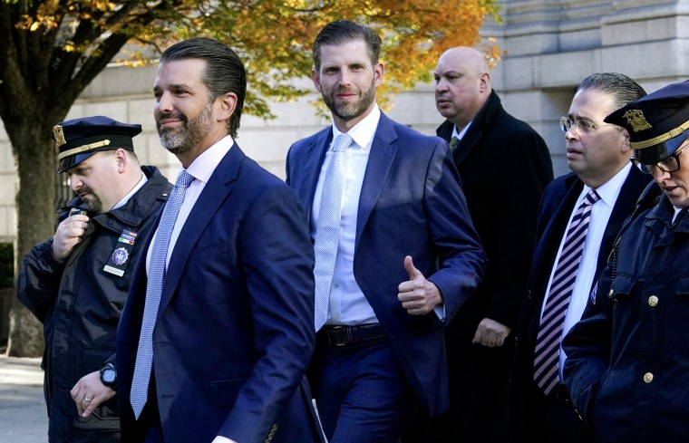 Donald Trump Jr. and Eric Trump arrive at New York Supreme Court for the fraud trial of the Trump Organization on Nov. 2, 2023. 