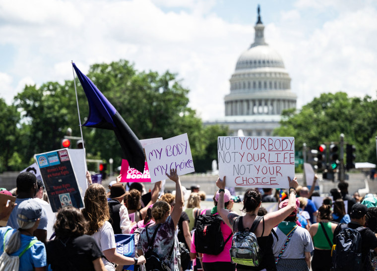 Abortion rights demonstrators holds signs and flags while rallying in Washington, D.C., with the Capitol dome in the background