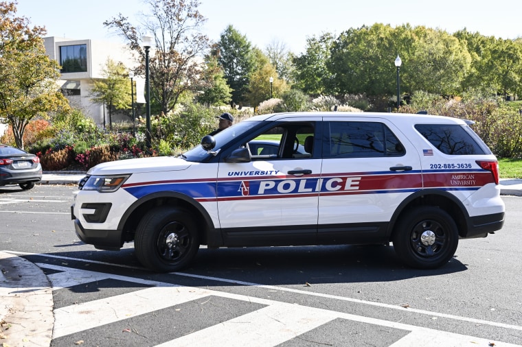 American University campus police patrol during a student protest in Washington, D.C., against ongoing Israeli attacks on Gaza.