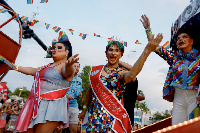 Drag queens ride on a float during the Stonewall Pride parade in Wilton Manors, Fla. on June 17, 2023.
