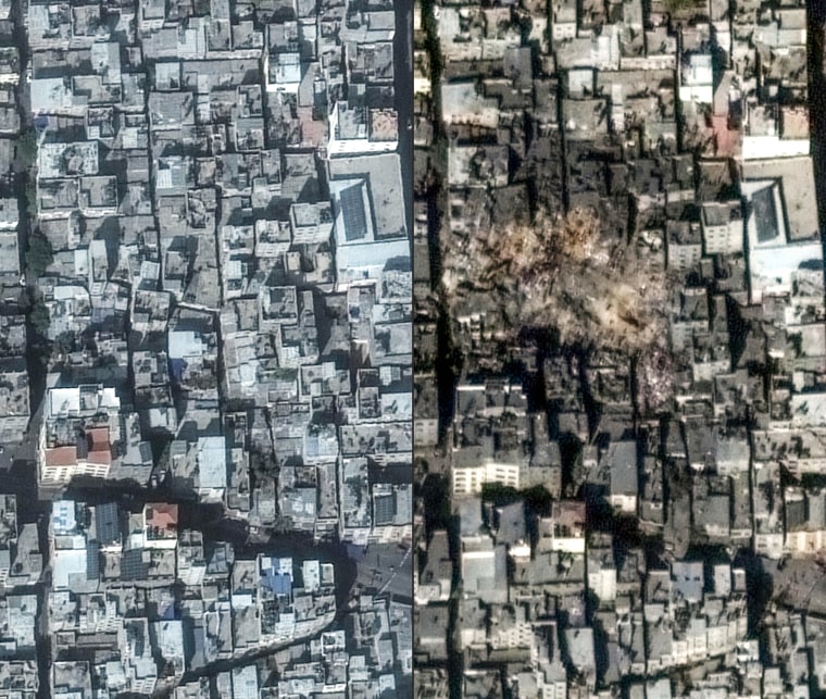 Maxar satellite images reveal Jabalia refugee camp destruction. 