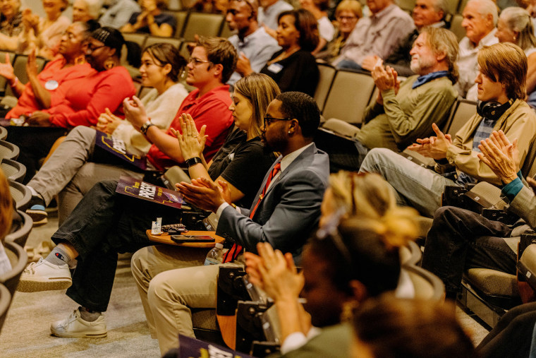 Audience members applaud Democratic candidate Brandon Presley in Oxford, Miss., on Oct. 24, 2023.