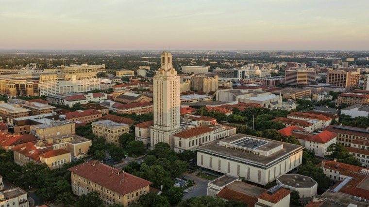 An aerial sunset view of the University Of Texas At Austin.
