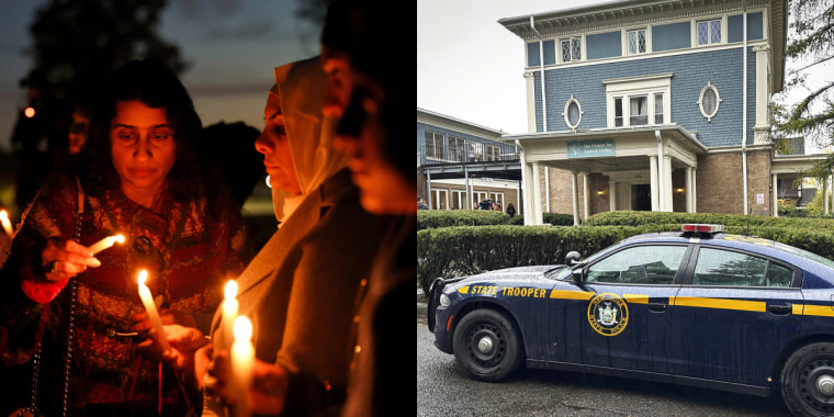 A vigil for slain Palestinian boy Wadea al-Fayoume in Illinois and a State police vehicle outside Cornell University's Center for Jewish Living.