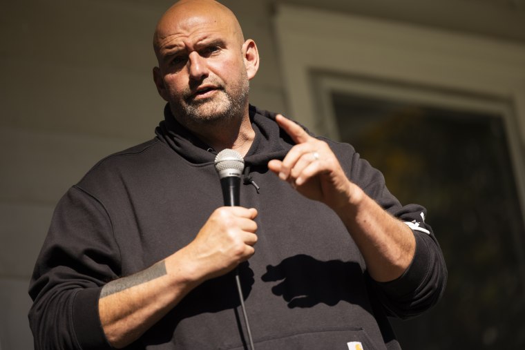 Sen. John Fetterman, D-Pa., at a campaign event for state judicial candidates in Morrisville, Pennsylvania, on Saturday, Oct. 28, 2023. 