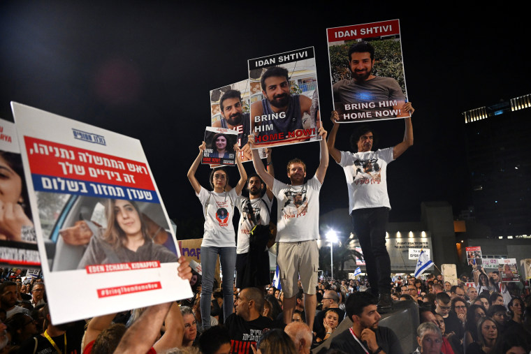 Families of kidnapped hostages join thousands of supporters in Tel Aviv in a protest to demand that Israeli Prime Minister Benjamin Netanyahu secure their release.