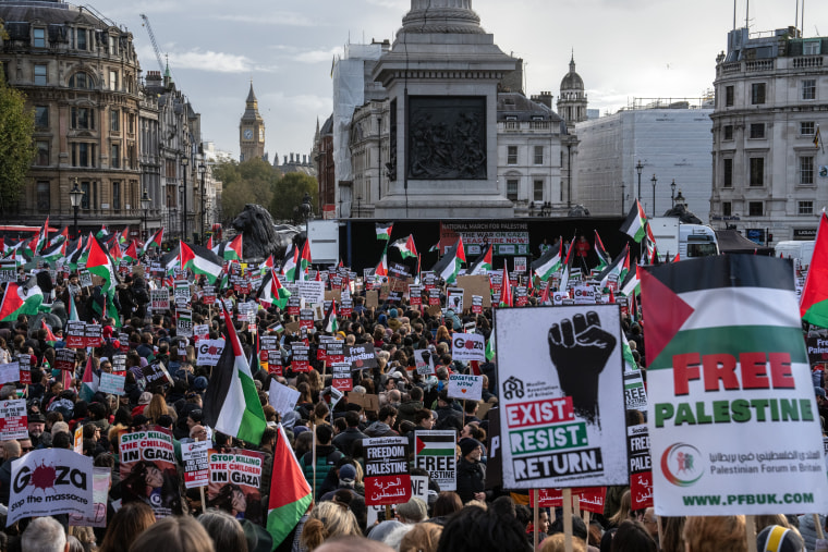 People protest in support of Palestinians on Nov. 4, 2023, in London, United Kingdom. 