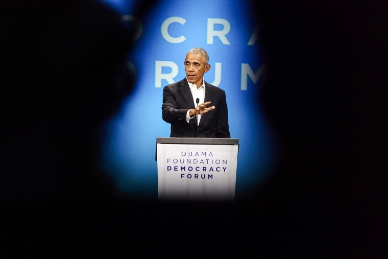 Former President Barack Obama speaks to attendees at the Obama Foundation Democracy Forum in Chicago on Nov. 3, 2023.