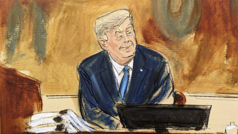 Former President Donald Trump smiles as Judge Arthur Engoron overrules his attorney's objections to the questions by the Assistant Attorney General in New York Supreme Court.