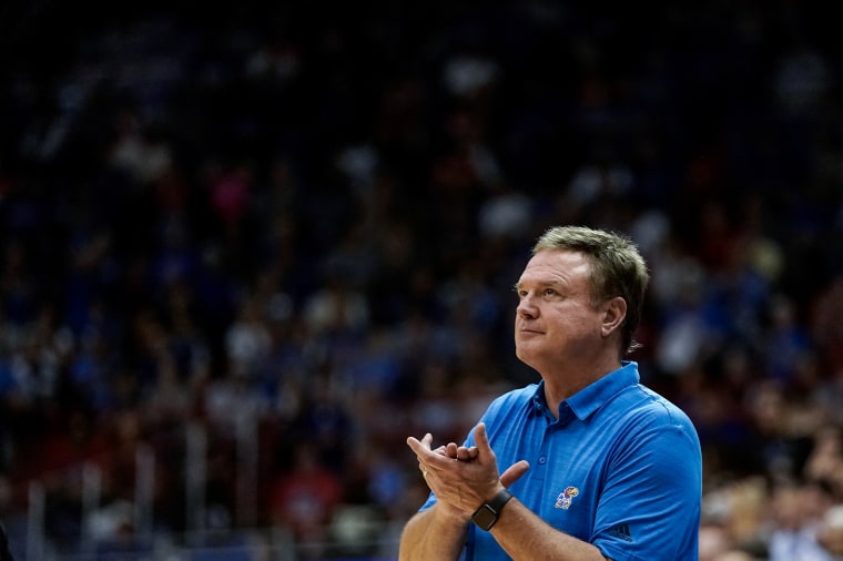 Kansas head coach Bill Self watches during an exhibition NCAA college basketball game against Pittsburg State in Lawrence, Kan. on Nov. 3, 2022. 