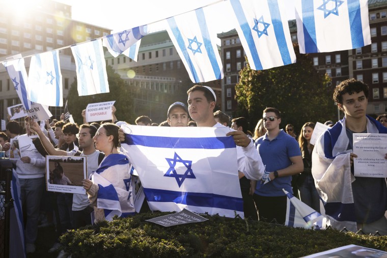 Pro-Israel demonstrators hold signs and flags during a protest
