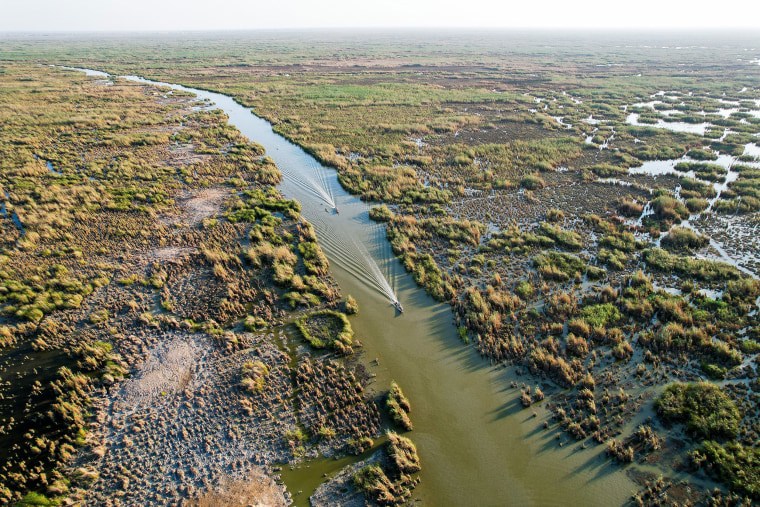 An aerial view of Mesopotamian Marshes as the area dries up due to increasing temperatures and lack of rainfall in Nasiriyah