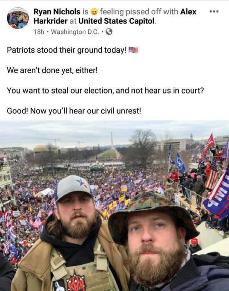 A Facebook post showing Ryan Nichols, right, with Alex Harkrider at the Capitol on Jan. 6, 2021.