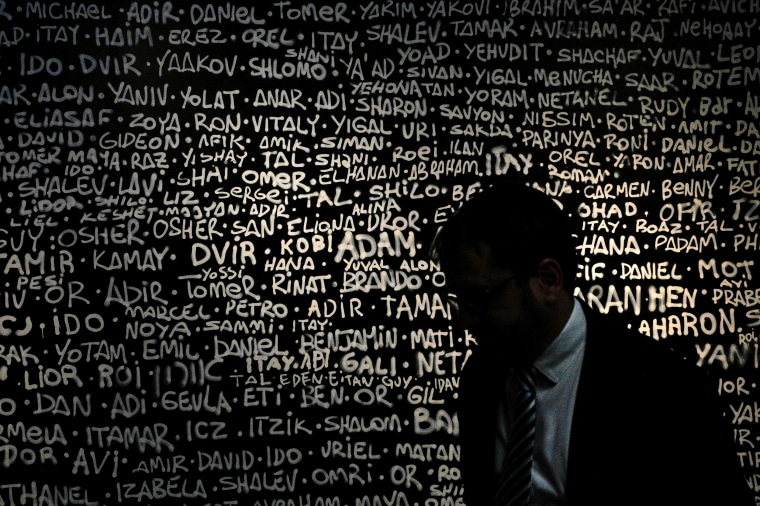 A mural with the names of the victims of Hamas's attack on the October 7 attack in Israel, during a tribute in Buenos Aires.