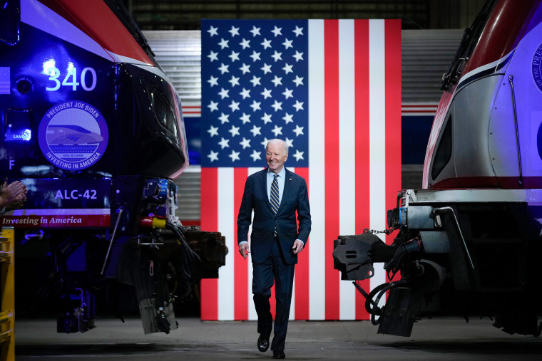 President Joe Biden arrives to speak at the Amtrak Bear Maintenance Facility