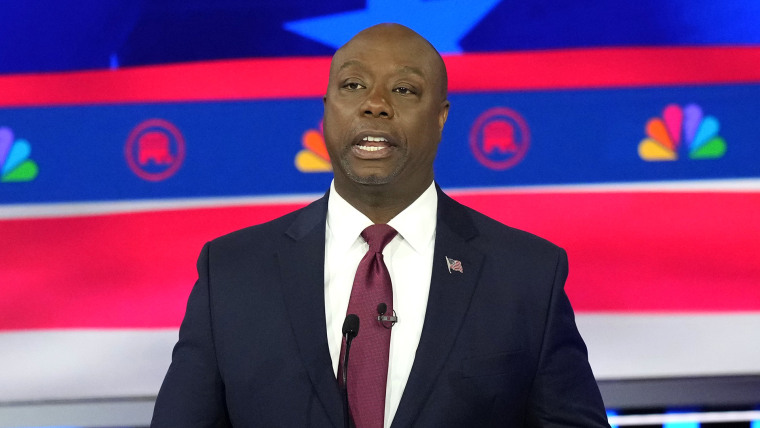 Image: Sen. Tim Scott, R-S.C., at the Republican presidential primary debate on Weds.