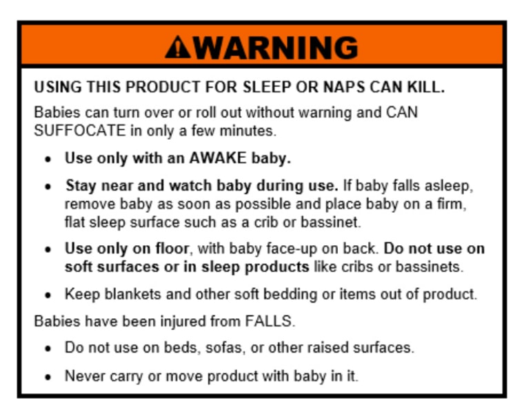 Image: A proposed warning label that would need to be attached to infant loungers reading "USING THIS PRODUCT FOR SLEEP OR NAPS CAN KILL."