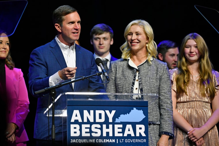 Kentucky Gov. Andy Beshear speaks during an election night rally.