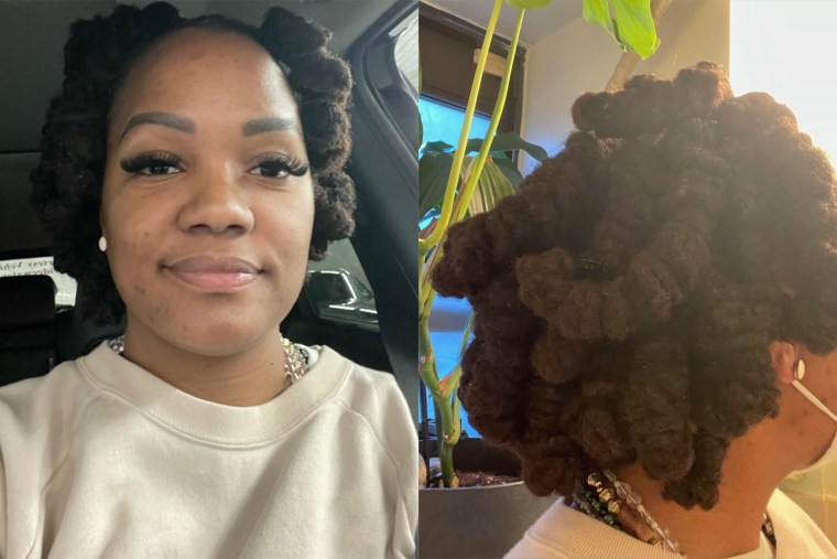 Side by side of Chian Weekes-Rivera with a detail shot of her Bantu knots.