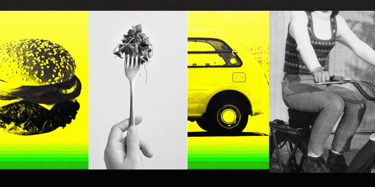 Collage of hamburger, fork with microgreens, car, and person on bicycle
