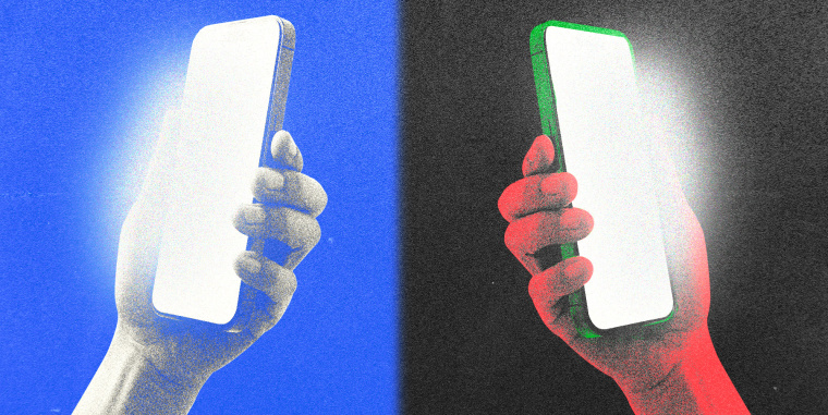 Photo Illustration: Two hands holding iPhones; one is blue and white and one is black, red, and green