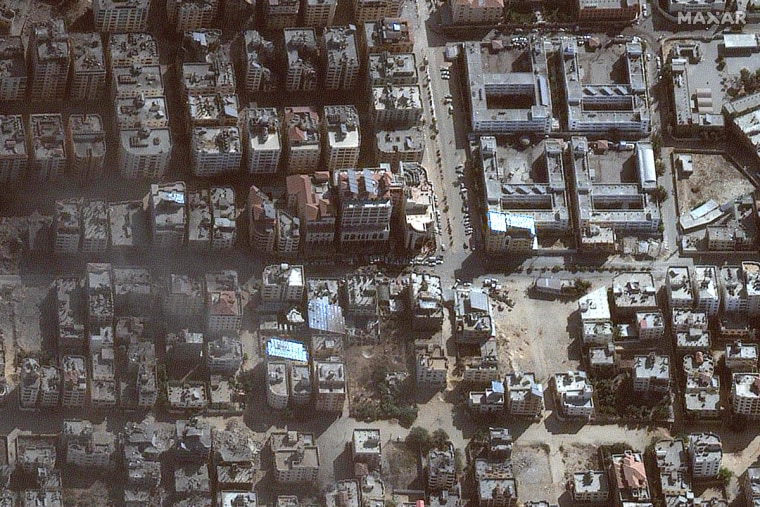 A satellite image shows the damage in the area around Gaza city's Al-Quds Hospital on Nov. 12, 2023.