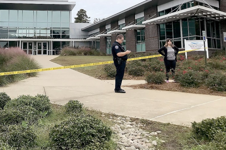 A police officer outside the Lambright Sports and Wellness Center on the campus of Louisiana Tech after stabbings were reported Nov. 13, 2023.