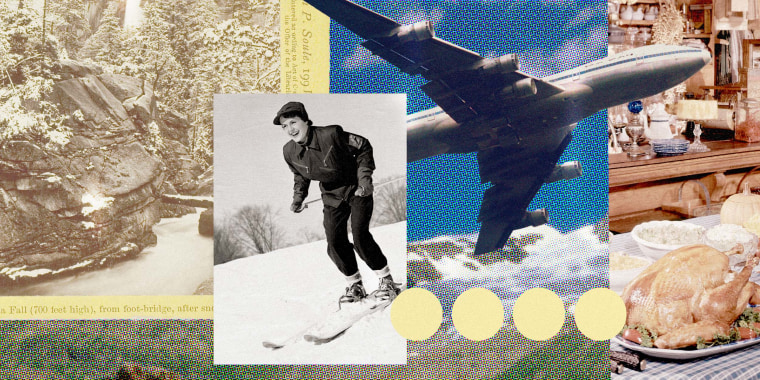 Photo Illustration: Images of a woman skiing, an airplane, a Thanksgiving meal, and snowy mountains