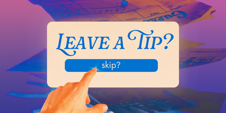 Photo illustration of finger hovering over "skip" button on screen that reads "Leave a tip?"