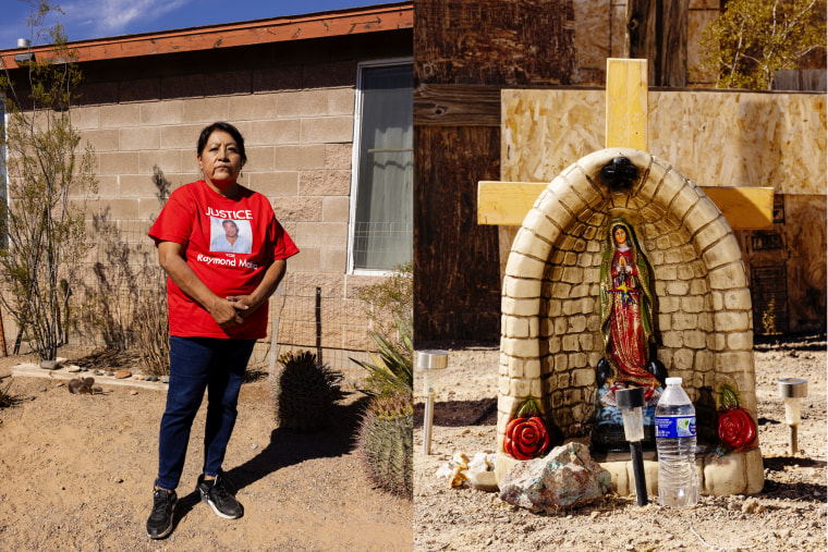 Annette Mattia at her house in Menagers Dam Village; A memorial for her brother, Raymond Mattia, at his house where the killing took place.