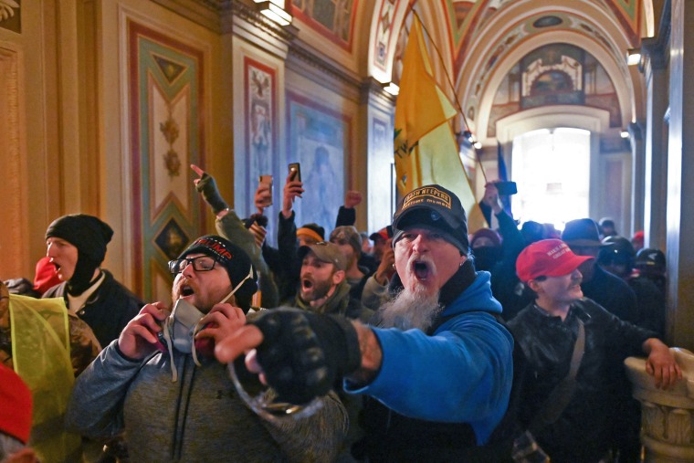 Supporters of President Donald Trump protest inside the Capitol on Jan. 6, 2021.