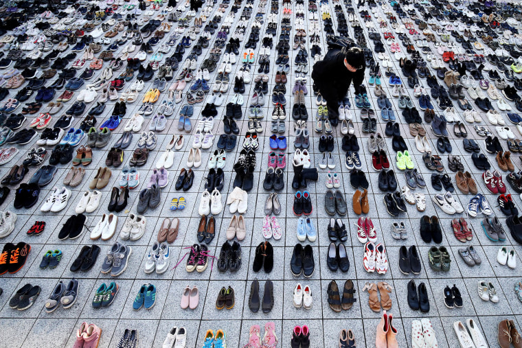 Thousands of pairs of shoes were displayed during a rally as protesters demanded a ceasefire in the Israel-Hamas war and an end to bombing in Gaza. 