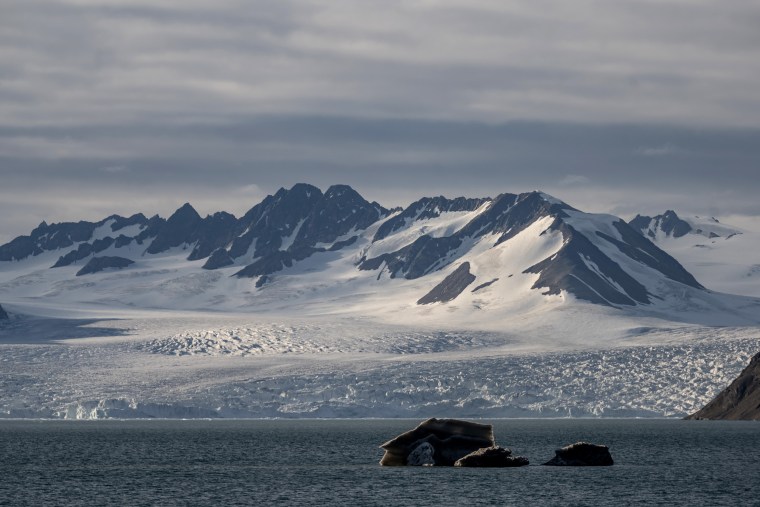 Image: Sea ice and large mountains with snow near Svalbard and Jan Mayen on July 23.