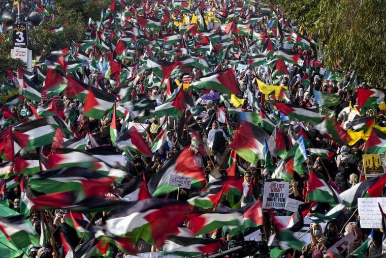 Thousands of supporters from Pakistan’s main religious political party take part in a pro-Palestinian rally in Lahore.